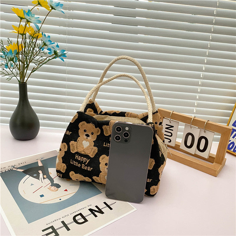 Linen Female Cartoon Cute Bear Box Handbags