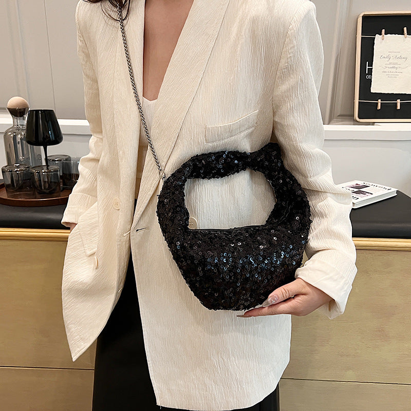 Women's Fashionable Sequins Knotted Horn Dinner Trendy Shoulder Bags