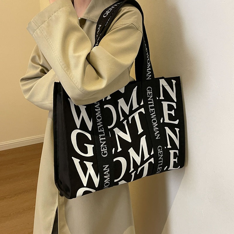 Large Capacity Letter Canvas Texture Wide Shoulder Bags