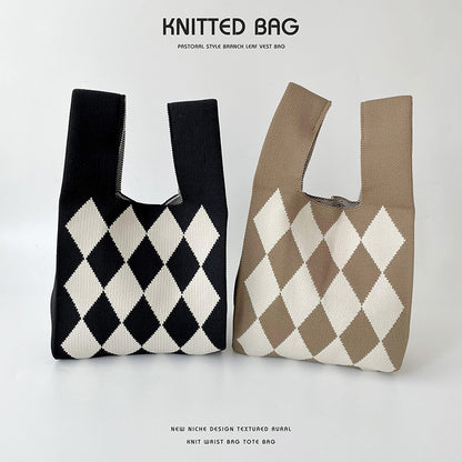 Vest Knitted Black White Rhombus Single High Shoulder Bags