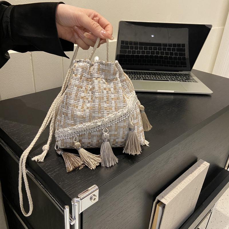 Women's Woolen Woven Street Trendy Fashion Drawstring Phone Bags