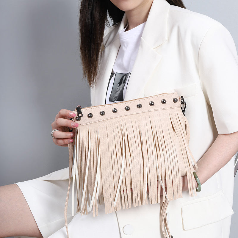 Women's Trendy Fashion Soft Leather Rivet Tassel Crossbody Bags