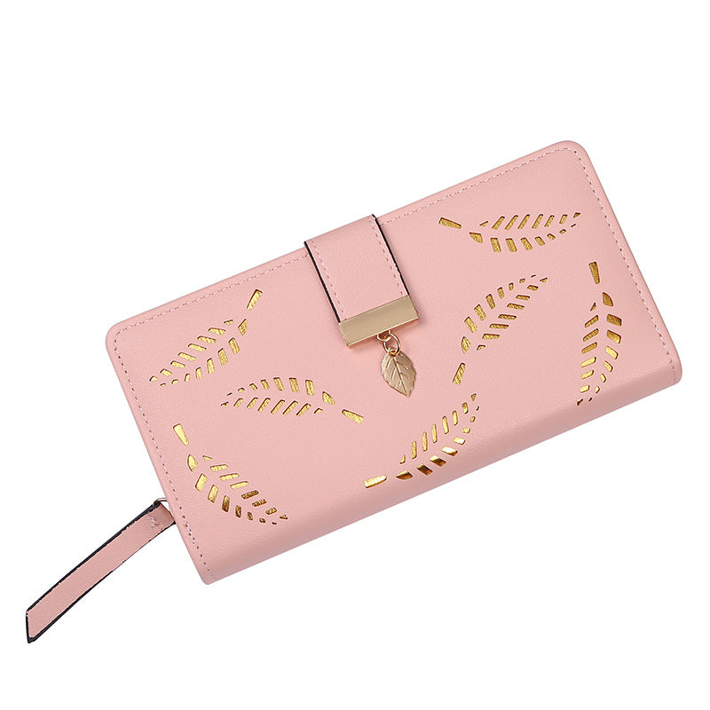 Women's Hollow Leaf Billfold Leather Korean Style Two Card Holder