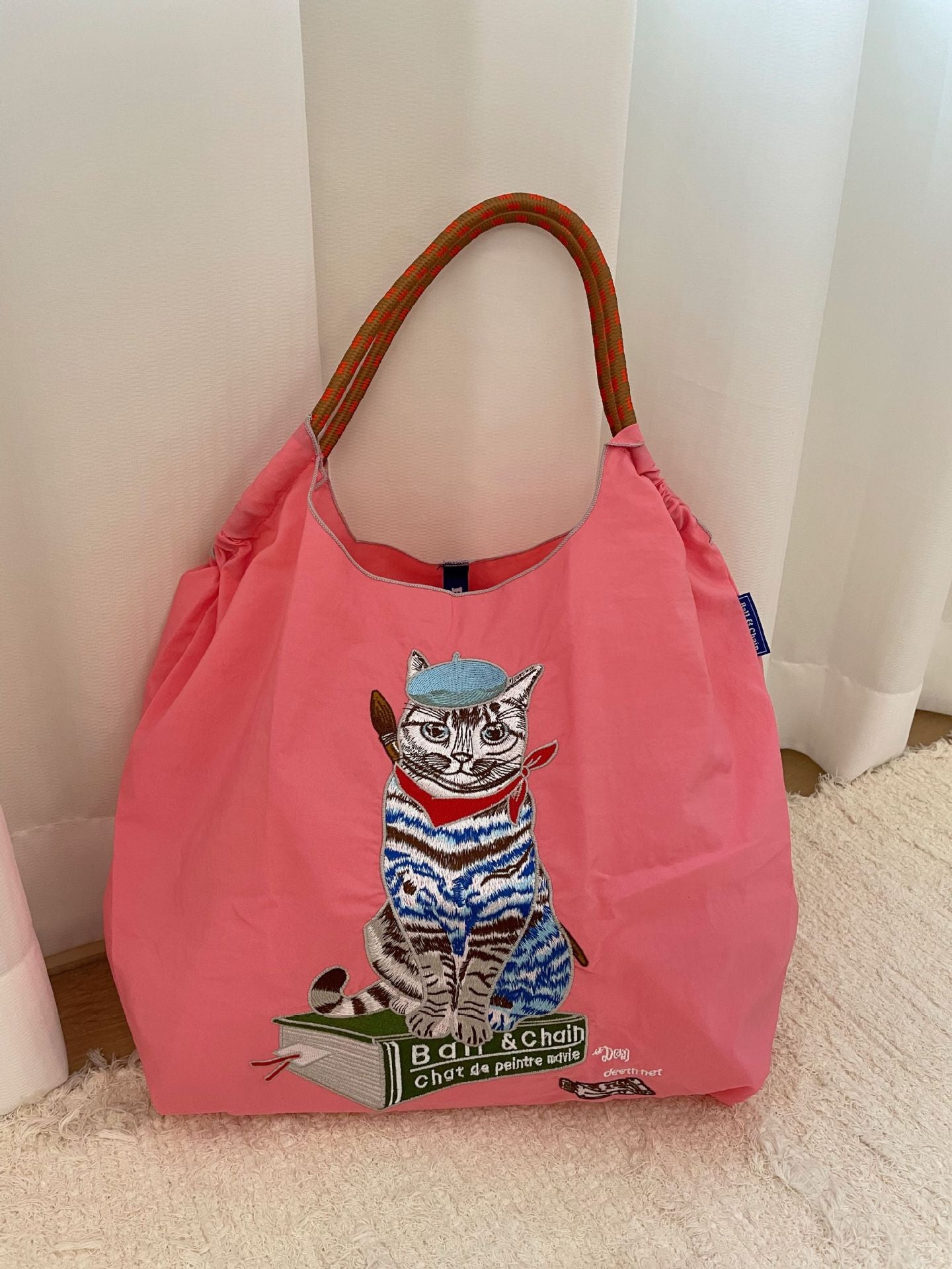 Painter Cat Embroidery Shopping Large Capacity Handbags