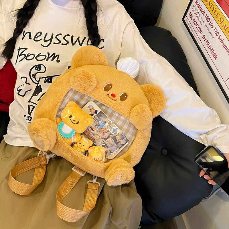 Yellow Bear Furry Cute Peripheral Plaid Large Backpacks