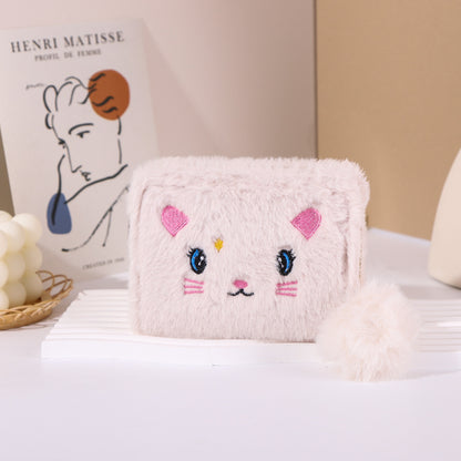 Embroidered Kitty Short Zipper Clutch Plush Ladies Wallets