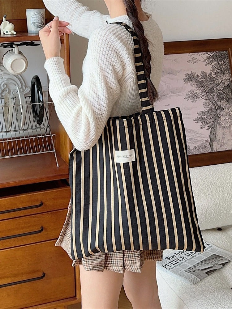 Woven Striped Canvas Tote Large Capacity Shoulder Bags