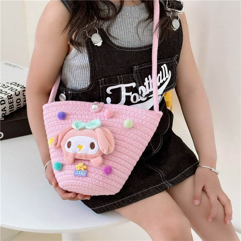 Children's Cute Cartoon Small Straw Mini Beach Children's Shoulder Bags