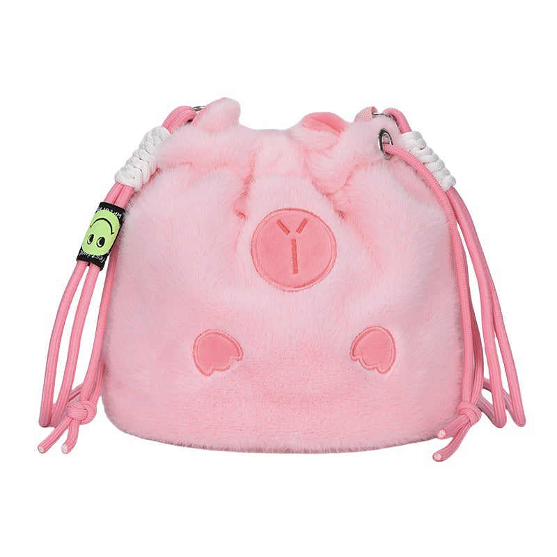 Cute Drawstring Khaki Barra Plush Heart Crossbody Bags