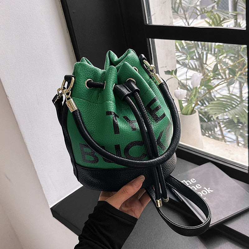 Women's Fashion Stitching Drawstring Portable Bucket Handbags