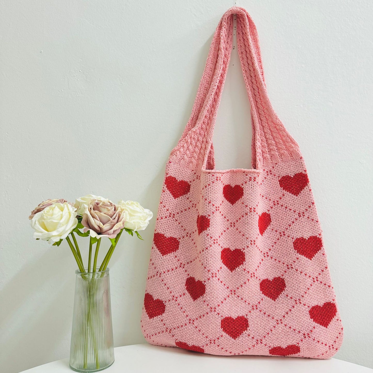 Women's Shopping Knitted Love Pattern Woven Bags