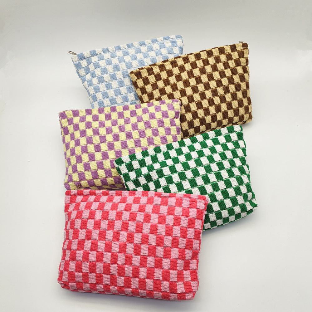 Wool Chessboard Grid Capacity Pencil Knitted Bags