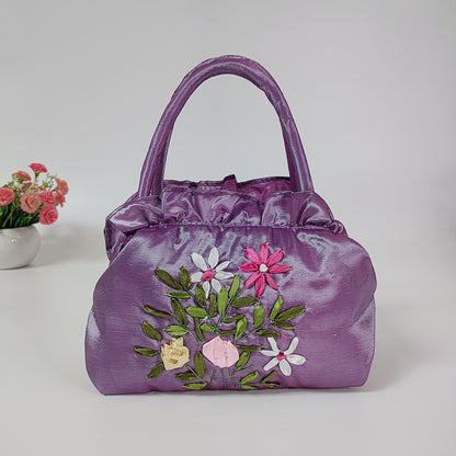 Women's Zipper Handmade Ribbon Embroidered Mom Shopping Handbags