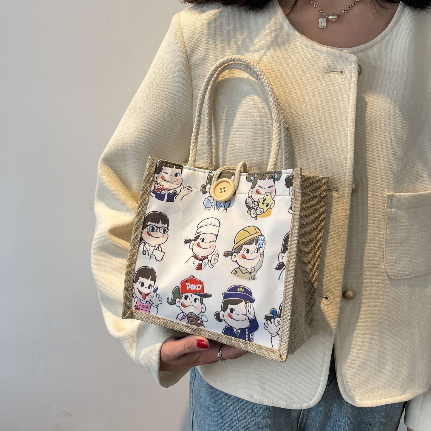 Women's Cartoon Lunch Box Linen Durable Makeup Storage Summer Hand Handbags