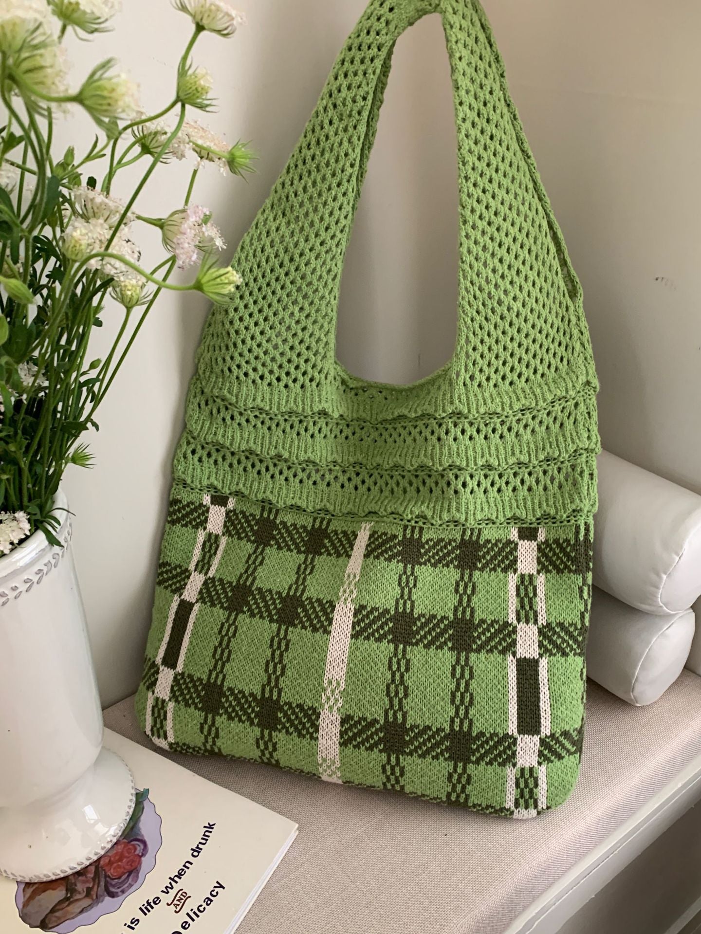 Women's Out Knitted Fashion Plaid Large Capacity Shoulder Bags