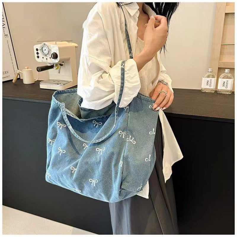 Good-looking Denim Canvas Bow Sweet Large Shoulder Bags