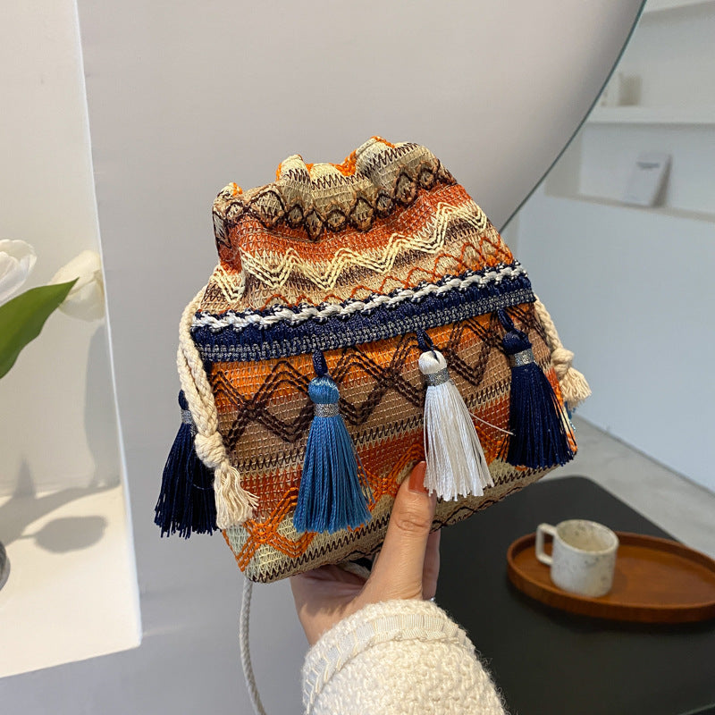 Women's Woolen Woven Street Trendy Fashion Drawstring Phone Bags