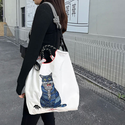 Cat Embroidered Shopping Large Capacity Nylon Handbags