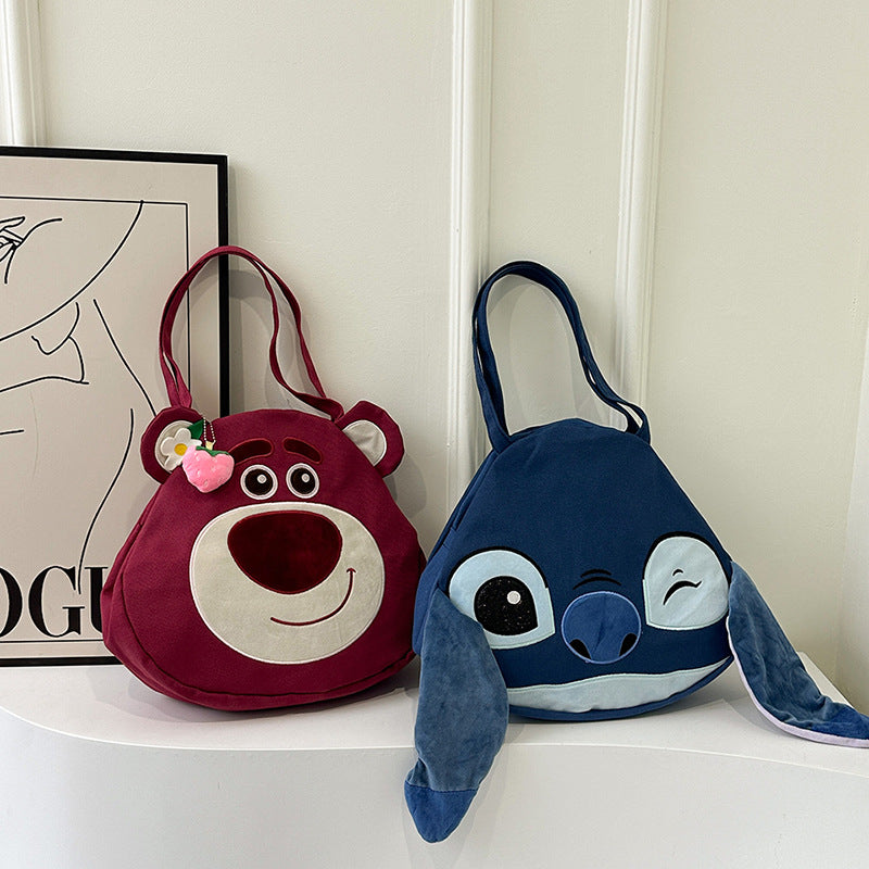 Canvas Strawberry Bear Stitch Cute Cartoon Doll Shoulder Bags