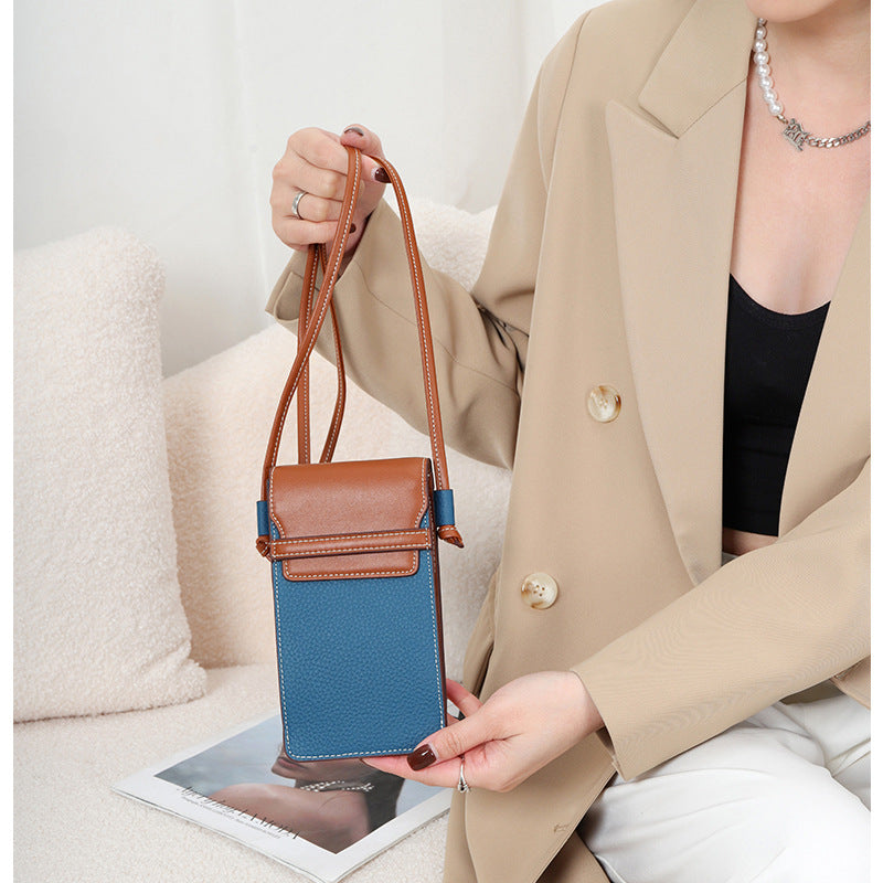 Genuine Leather Vertical First Layer Cattlehide Fashion Contrast Color Phone Bags