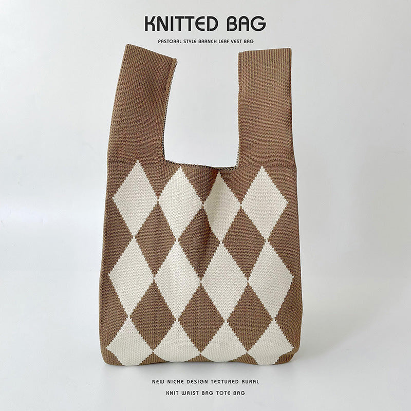 Vest Knitted Black White Rhombus Single High Shoulder Bags