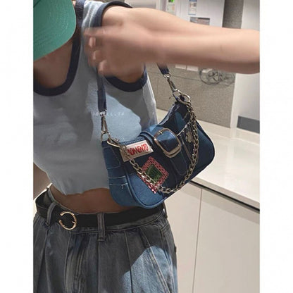 Women's Jean Denim Canvas Fashion Badge Underarm Shoulder Bags