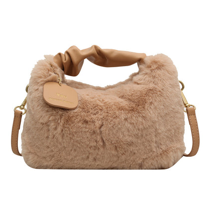 Women's High-grade Pleated Portable Furry Plush Simple Shoulder Bags