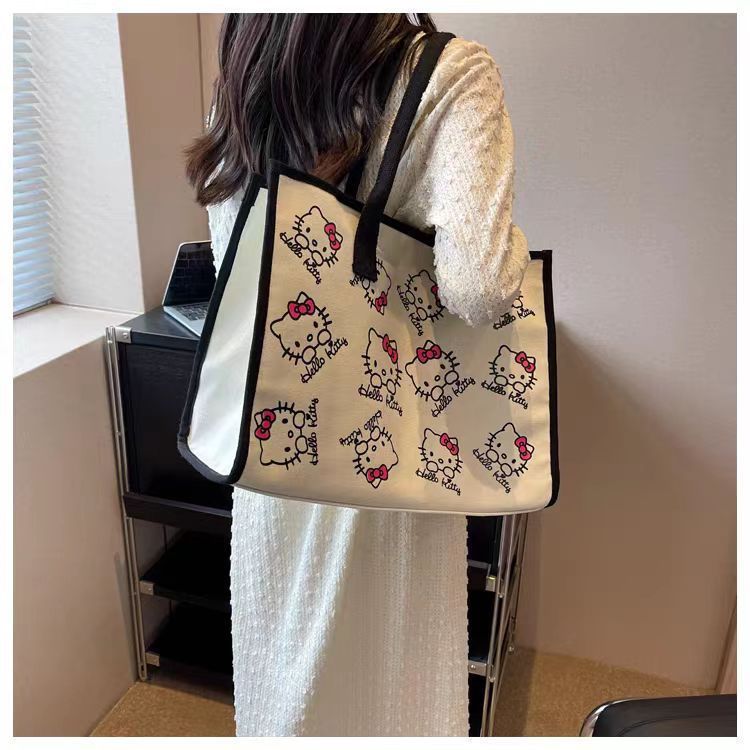 Women's Portable Cartoon Print Hello Kitty Large Shoulder Bags