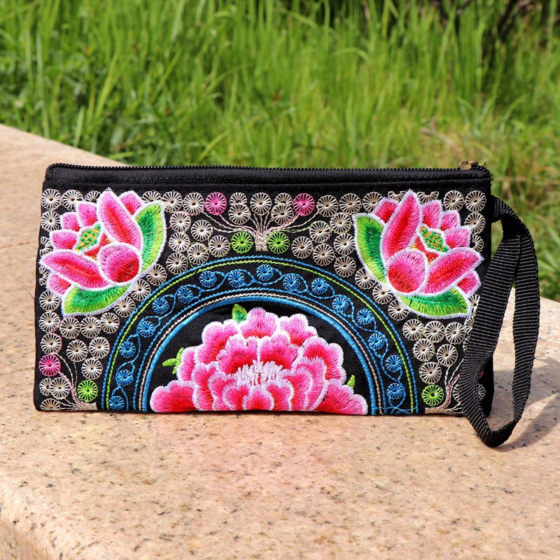 Women's Yunnan Ethnic Embroidery Clutch Fabric Long Change Coin Purses