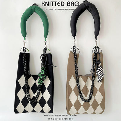 Vest Knitted Black White Rhombus Single High Shoulder Bags