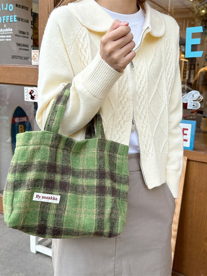 Women's Simple Retro Style Woolen Plaid Handbags