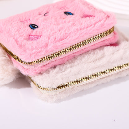 Embroidered Kitty Short Zipper Clutch Plush Ladies Wallets