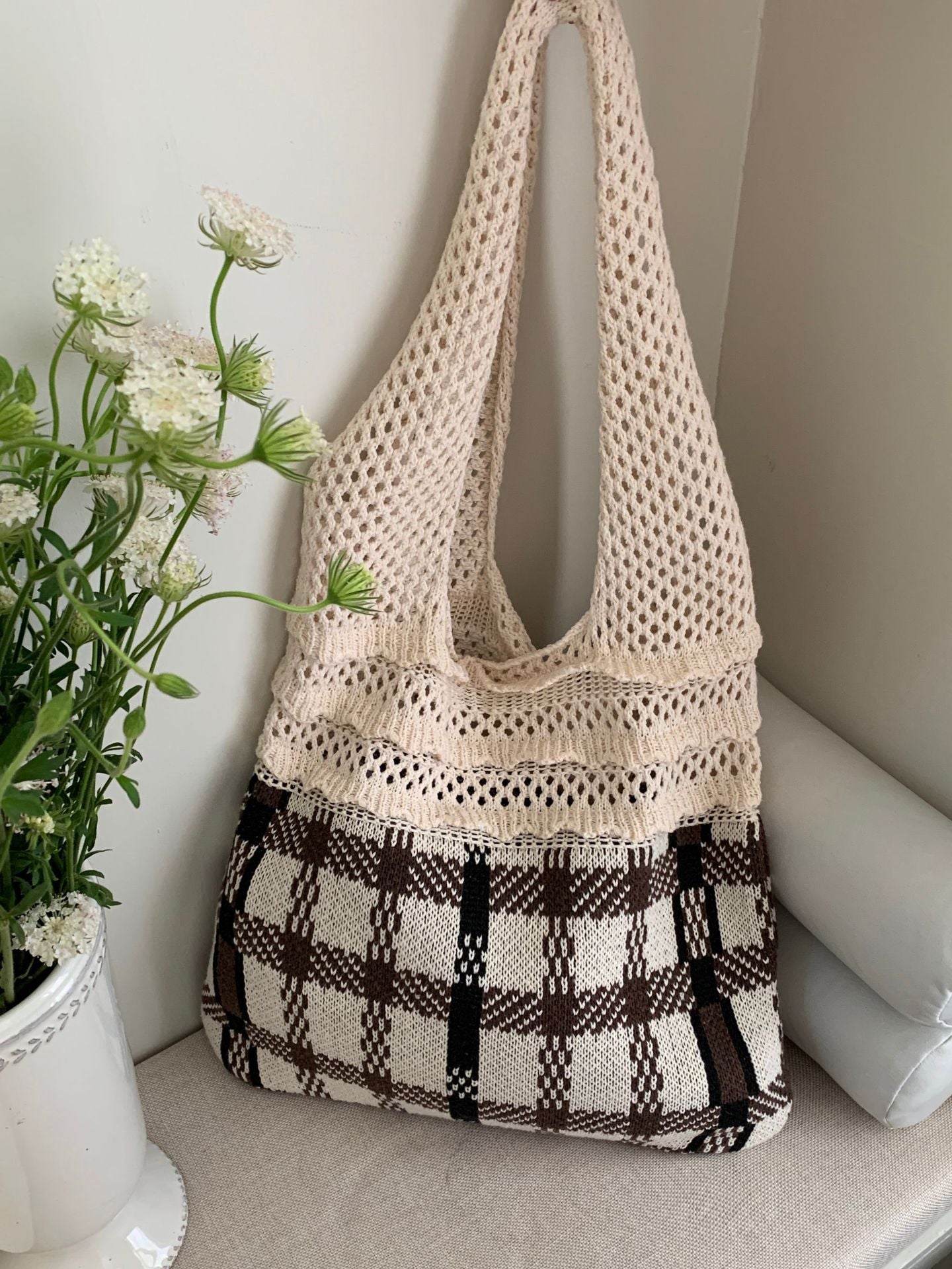 Women's Out Knitted Fashion Plaid Large Capacity Shoulder Bags