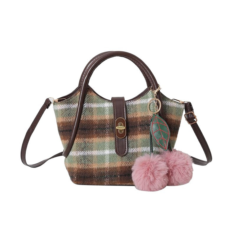 Women's Woolen Large Capacity Fashion Tote Plaid Shoulder Bags