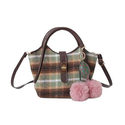 Women's Woolen Large Capacity Fashion Tote Plaid Shoulder Bags