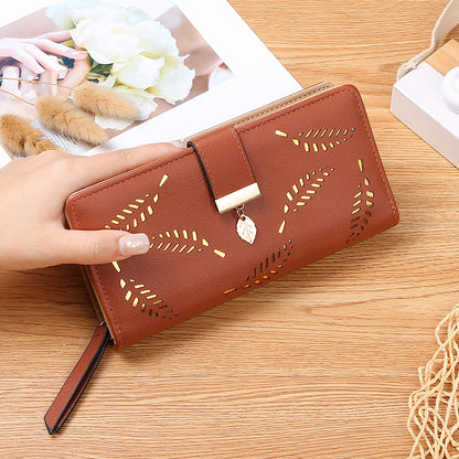 Women's Hollow Leaf Billfold Leather Korean Style Two Card Holder