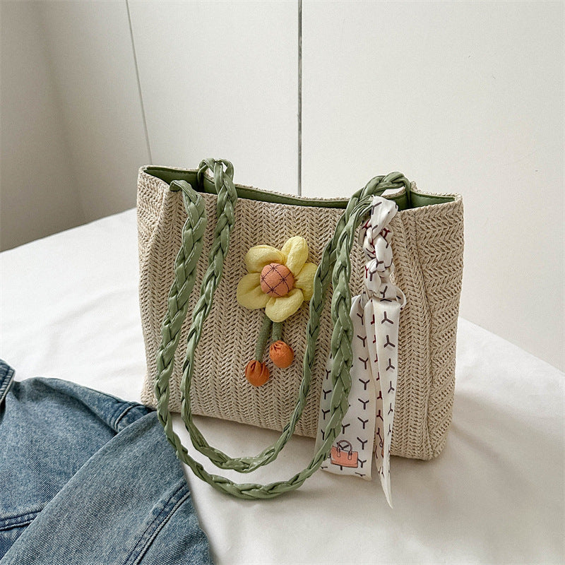 Women's Woven Straw Large Capacity Summer Flower Trendy Shoulder Bags