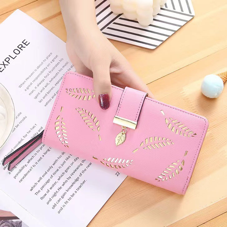 Women's Hollow Leaf Billfold Leather Korean Style Two Card Holder