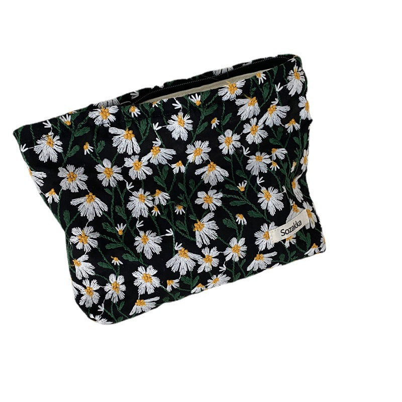 Embroidery Daisy Flower Female Portable Pencil Handbags