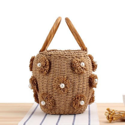 Women's Hand-held Straw Bucket Woven Hand-woven Flower Handbags