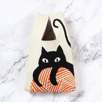 Sac à main tendance en tricot avec motif de chat mignon pour femme