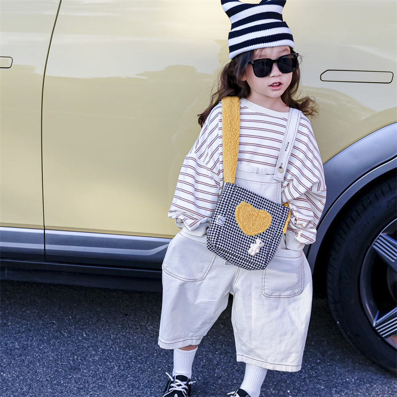 Sacs à bandoulière pour enfants avec motif ours mignon et rétro à carreaux