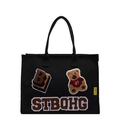 Versatile Embroidered Canvas Female Cartoon Bear Bags