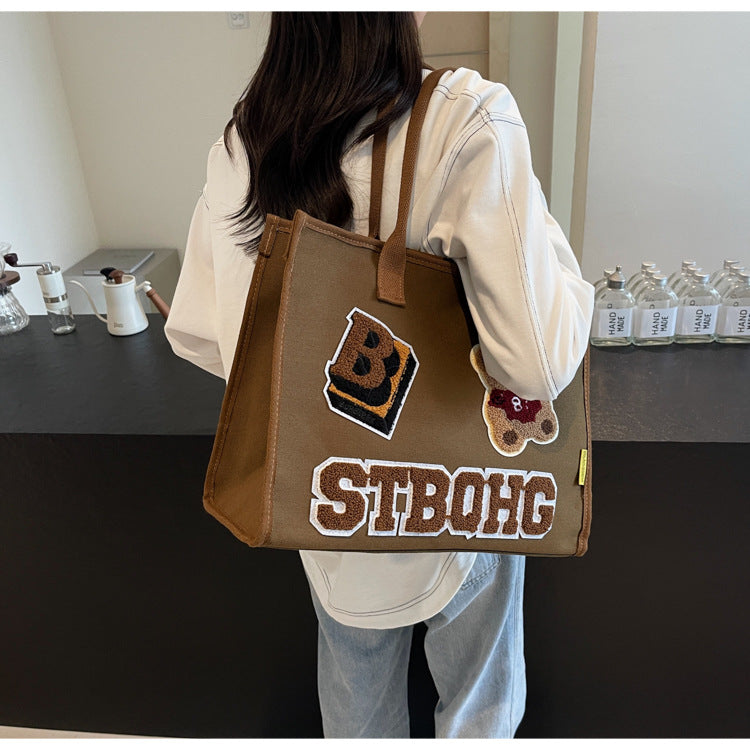 Versatile Embroidered Canvas Female Cartoon Bear Bags