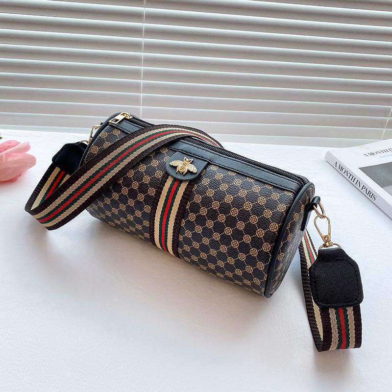 Women's Printing Contrast Color Bee Ribbon Cylindrical Shoulder Bags