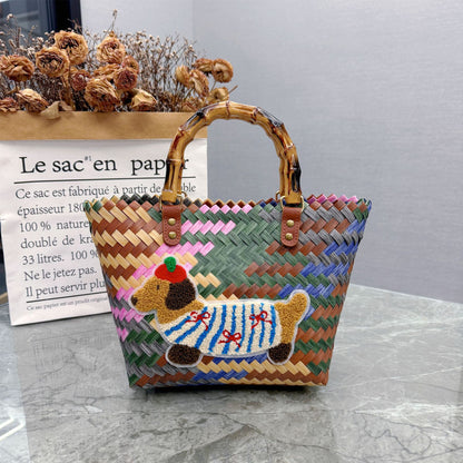 Women's Vintage Stripe Sausage Dog Woven Commuter Handbags