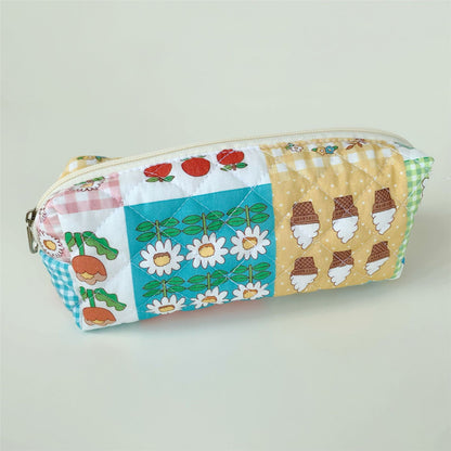 Brush Cotton Embroidery Quilted Large Capacity Pencil Bags