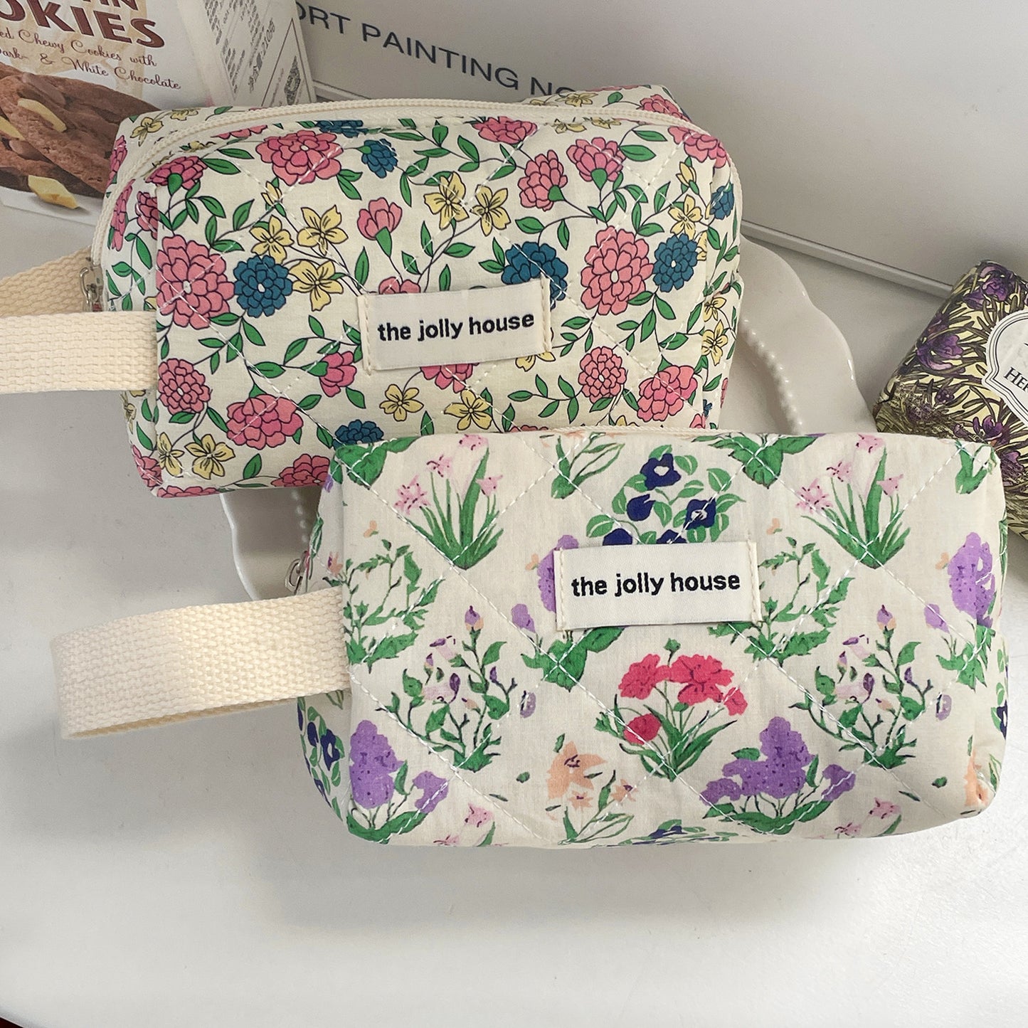 Trousse de toilette matelassée de grande capacité à motif floral rétro