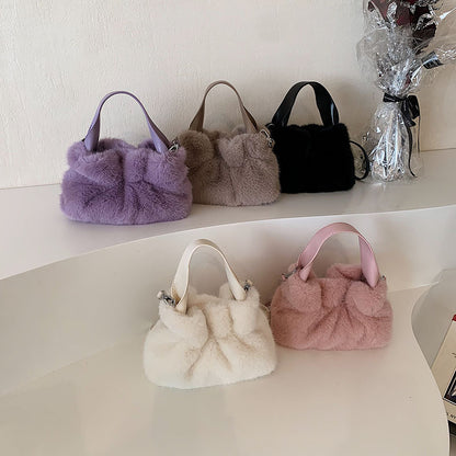 Women's Plush Portable Pleated Korean Fashionable Furry Crossbody Bags