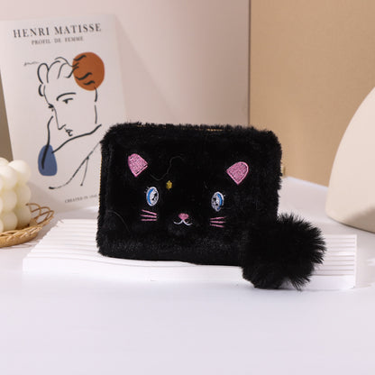 Embroidered Kitty Short Zipper Clutch Plush Ladies Wallets